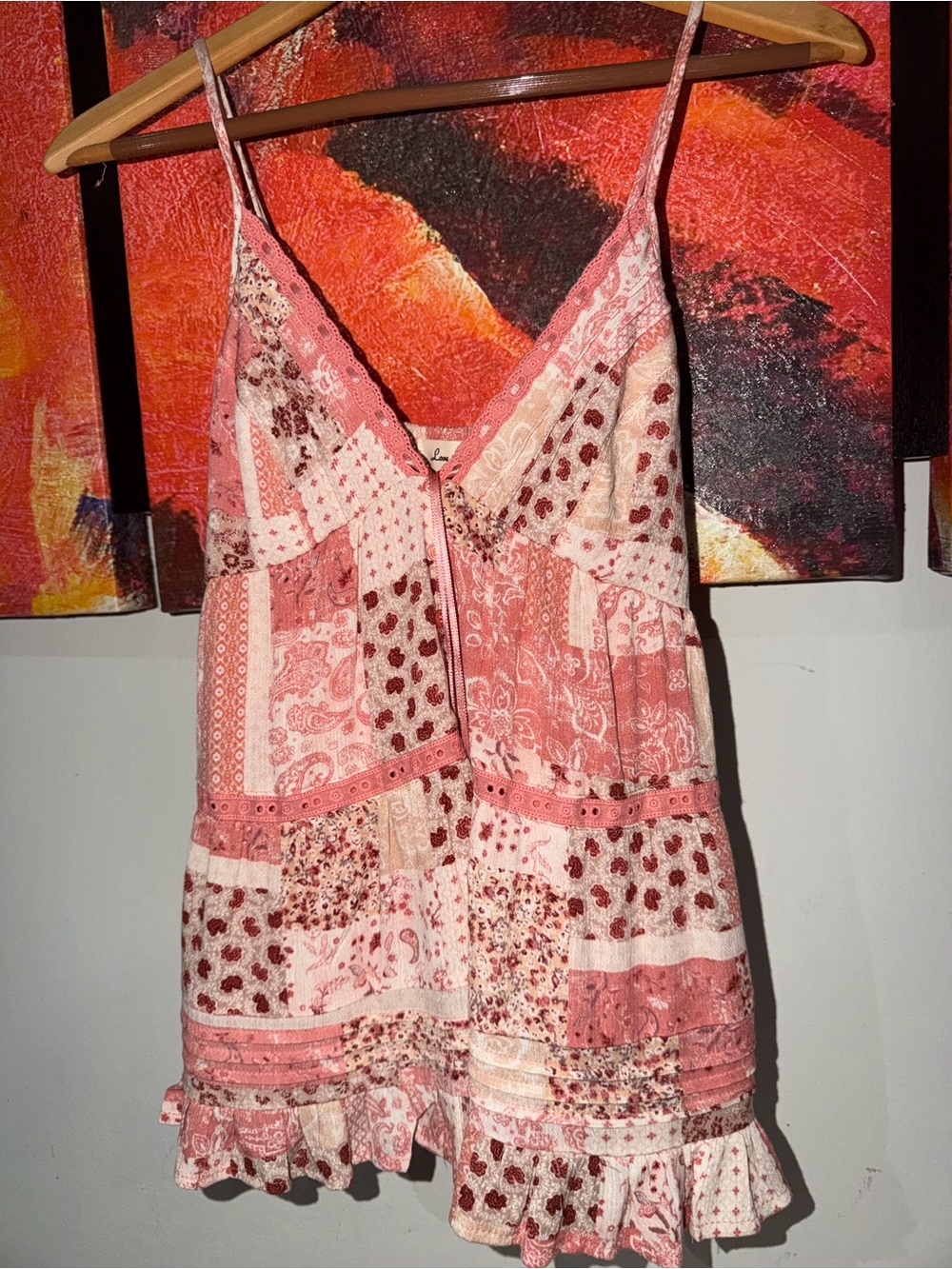 Pink Patchwork Lace-Trim Cami Top. Size: M